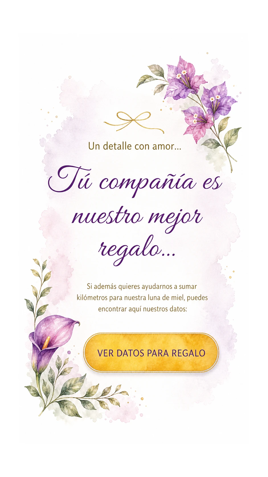 Tu compañía es nuestro mejor regalo. Si quieres ayudarnos a sumar kilómetros para nuestra luna de miel, puedes consultar nuestros datos.